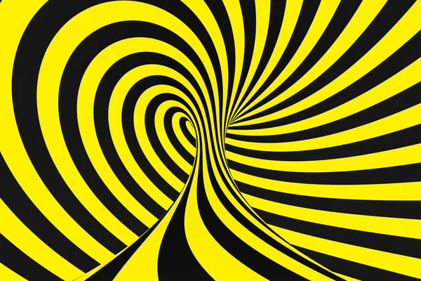 Túnel espiral preto e amarelo de fitas policiais. Ilusão óptica hipnótica retorcida listrada. Aviso de segurança . — Fotografia de Stock