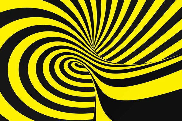 Svart och gul spiral tunnel från polisen band. Randig tvinnade hypnotiska optisk illusion. Varning säkerhet bakgrund. — Stockfoto