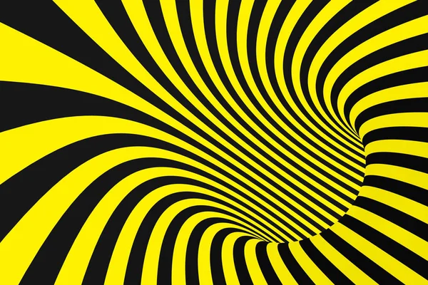 Túnel espiral preto e amarelo de fitas policiais. Ilusão óptica hipnótica retorcida listrada. Aviso de segurança . — Fotografia de Stock