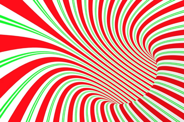 圣诞节节日红色和绿色螺旋隧道。条纹扭曲的圣诞光学错觉。催眠背景。3d 渲染插图. — 图库照片