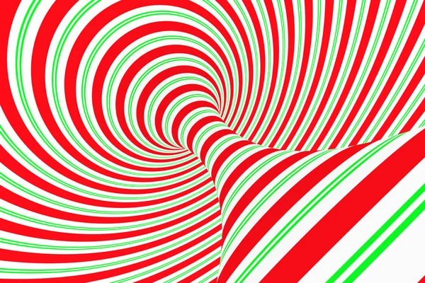 Christmas festive red and green spiral tunnel. Striped twisted xmas optical illusion. Hypnotic background. 3D render illustration. — Stock Photo, Image