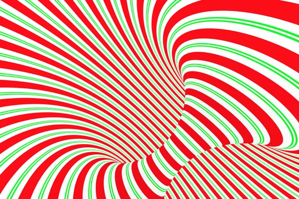 Túnel espiral rojo y verde festivo de Navidad. Ilusión óptica de Navidad retorcida a rayas. Fondo hipnótico. Ilustración de representación 3D . — Foto de Stock