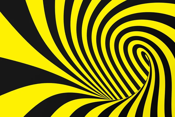 Schwarz-gelber Spiraltunnel aus Polizeibändern. gestreifte verdrehte hypnotische optische Täuschung. Sicherheitshintergrund. — Stockfoto