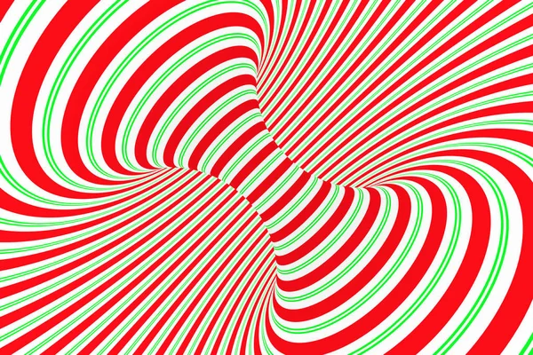 Túnel espiral rojo y verde festivo de Navidad. Ilusión óptica de Navidad retorcida a rayas. Fondo hipnótico. Ilustración de representación 3D . — Foto de Stock