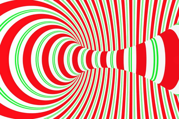 Kerst feestelijke rood en groen spiraal tunnel. Gestreepte gedraaide xmas optische illusie. Hypnotiserende achtergrond. 3D render illustratie. — Stockfoto