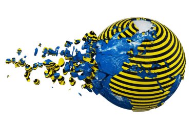 Kaza planet Earth dünya beyaz arka plan üzerinde izole kırık. Çizgili polis Emanet şerit uyarı. Haritalar Nasa ile 3D render.