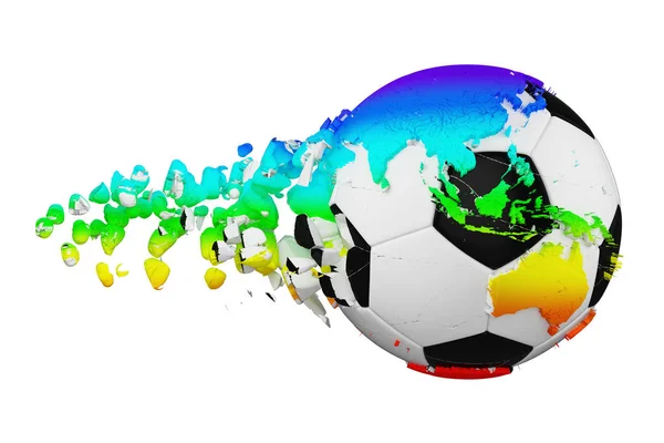 Авария сломанный футбольный мяч с планетой Земля глобус концепции изолированы на белом фоне. Футбольный мяч с радужными континентами . — стоковое фото