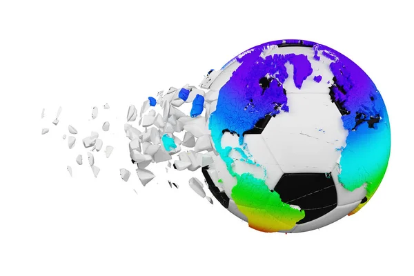 Gecrashte gebroken voetbal met planet earth globe concept geïsoleerd op een witte achtergrond. Voetbal bal met regenboog continenten. — Stockfoto