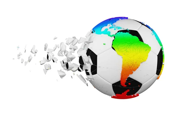 Gecrashte gebroken voetbal met planet earth globe concept geïsoleerd op een witte achtergrond. Voetbal bal met regenboog continenten. — Stockfoto