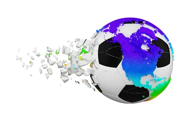 Quebrou bola de futebol quebrado com conceito planeta terra globo isolado no fundo branco. Bola de futebol com continentes arco-íris . — Fotografia de Stock