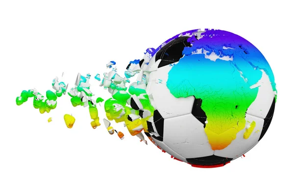 Συνετρίβη σπασμένα ποδόσφαιρο μπάλα με τον πλανήτη γη πλανήτη έννοια απομονώνονται σε λευκό φόντο. Μπάλα ποδοσφαίρου με τις ηπείρους ουράνιο τόξο. — Φωτογραφία Αρχείου