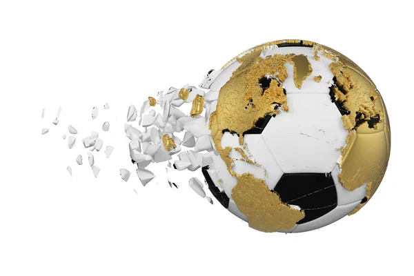 Авария сломанный футбольный мяч с планетой Земля глобус концепции изолированы на белом фоне. Футбольный мяч с золотыми континентами . — стоковое фото
