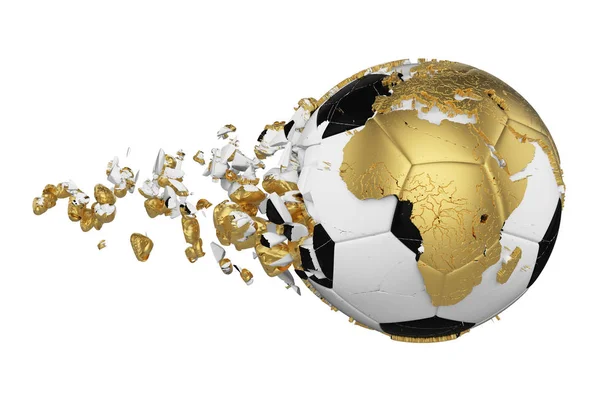 Abgestürzter zerbrochener Fußballball mit Erdglobus-Konzept isoliert auf weißem Hintergrund. Fußball mit goldenen Kontinenten. — Stockfoto