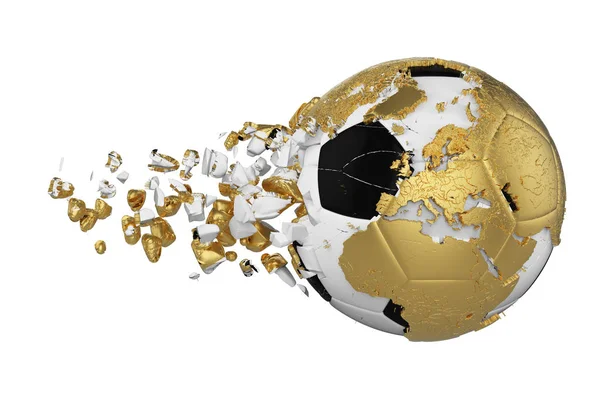Συνετρίβη σπασμένα ποδόσφαιρο μπάλα με τον πλανήτη γη πλανήτη έννοια απομονώνονται σε λευκό φόντο. Μπάλα ποδοσφαίρου με χρυσό ηπείρους. — Φωτογραφία Αρχείου