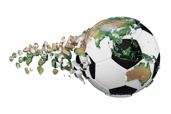 Un ballon de foot cassé s'est écrasé avec le concept de planète globe terrestre isolé sur fond blanc. Ballon de football avec des continents réalistes . — Photo