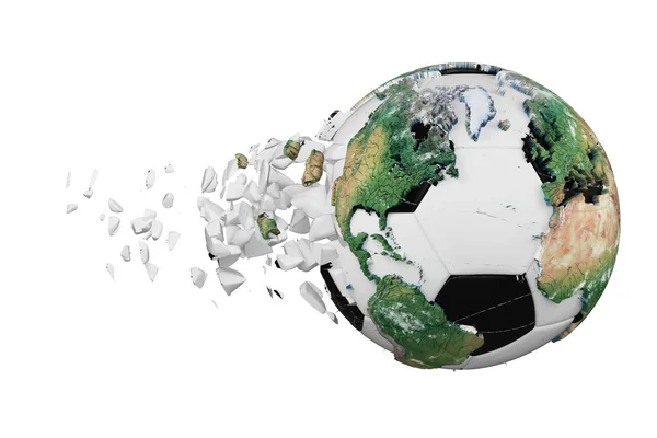 Un ballon de foot cassé s'est écrasé avec le concept de planète globe terrestre isolé sur fond blanc. Ballon de football avec des continents réalistes . — Photo