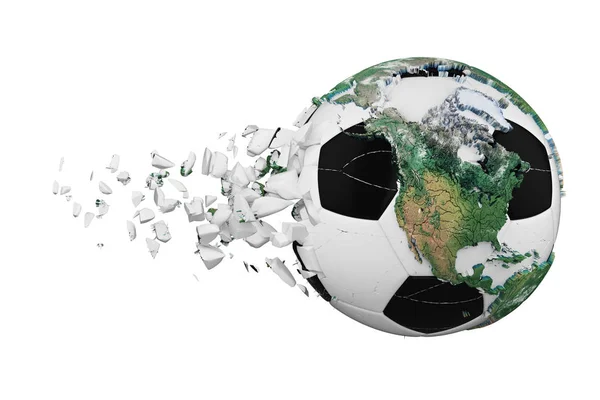 Un ballon de foot cassé s'est écrasé avec le concept de planète globe terrestre isolé sur fond blanc. Ballon de football avec des continents réalistes . — Photo