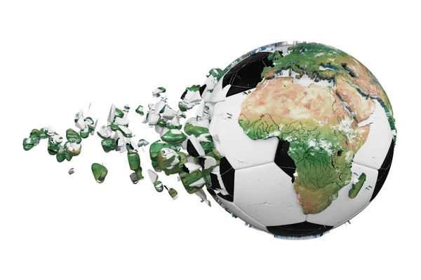 Un ballon de foot cassé s'est écrasé avec le concept de planète globe terrestre isolé sur fond blanc. Ballon de football avec des continents réalistes . — Photo