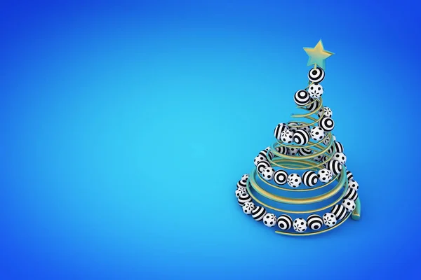 Abstrakte goldene Spirale Weihnachtsbaum mit gepunkteten und gestreiften Kugeln. 3D-Darstellung auf blauem Hintergrund. — Stockfoto