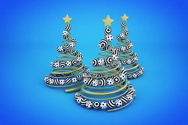 Árbol de Navidad espiral de oro abstracto con bolas punteadas y rayadas. Ilustración de representación 3d sobre fondo azul . —  Fotos de Stock