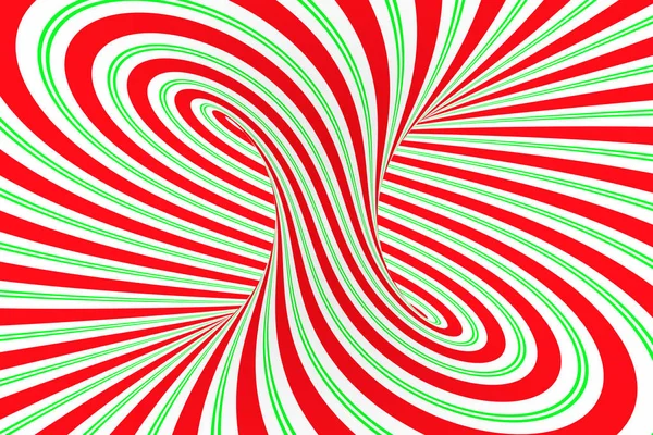 Túnel espiral rojo y verde festivo de Navidad. Ilusión óptica de Navidad retorcida a rayas. Fondo hipnótico. Ilustración de representación 3D . — Foto de Stock