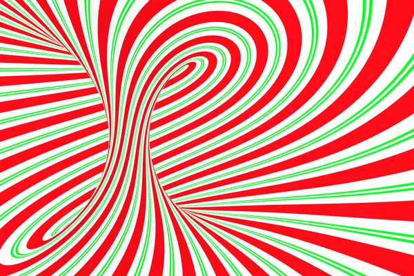 Túnel espiral rojo y verde festivo de Navidad. Ilusión óptica de Navidad retorcida a rayas. Fondo hipnótico. Ilustración de representación 3D . — Foto de Stock