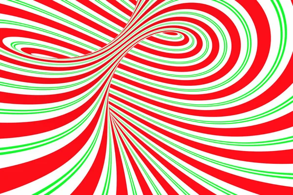 Karácsonyi ünnepi vörös és zöld spirál alagút. Csíkos csavart xmas optikai csalódás. Hipnotikus háttér. 3D render illusztráció. — Stock Fotó