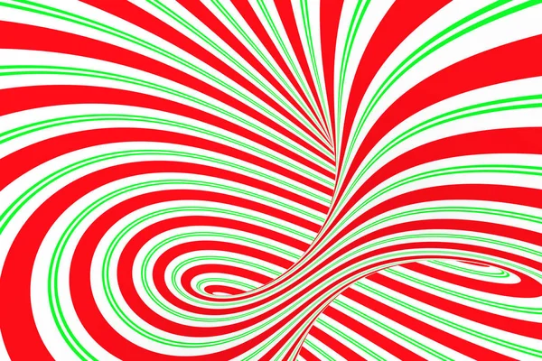 Túnel espiral rojo y verde festivo de Navidad. Ilusión óptica de Navidad retorcida a rayas. Fondo hipnótico. Ilustración de representación 3D . — Foto de Stock