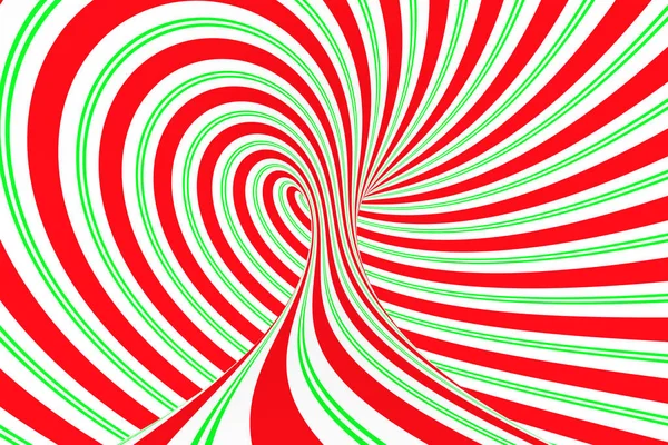 Noel şenlikli kırmızı ve yeşil tünel spiral. Çizgili bükülmüş xmas optik yanılsama. Hipnotik arka plan. 3D render illüstrasyon.