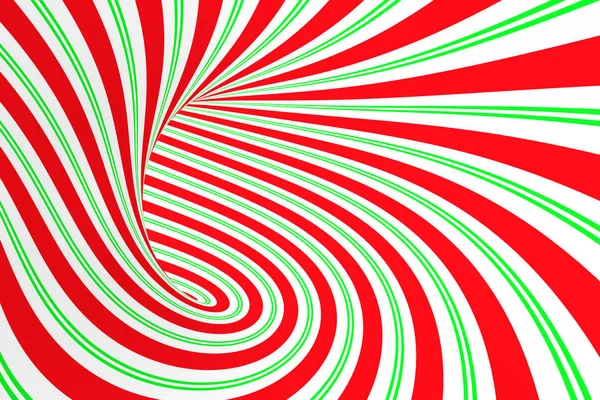 크리스마스 축제 빨강과 녹색 터널 나선. 줄무늬 꼬인된 크리스마스 광학 환영입니다. 최 면의 배경입니다. 3d 렌더링 그림. — 스톡 사진
