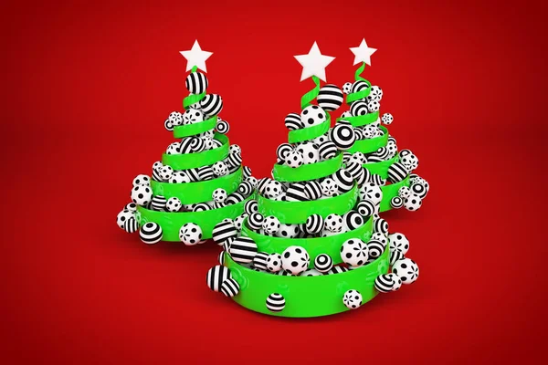Абстрактная праздничная спиральная рождественская елка из зеленой ленты с пунктирными и полосатыми рождественскими шарами. Трехмерная иллюстрация . — стоковое фото