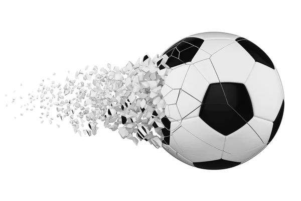 Beyaz arka plan üzerinde izole düşen kırık futbol topu. Beyaz ve siyah paramparça futbol topu.