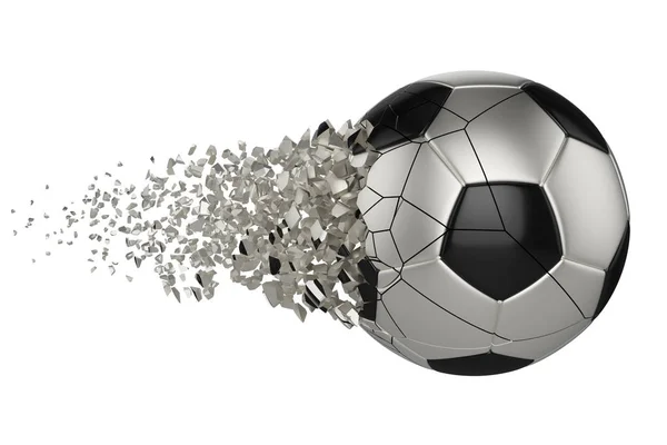 Schiantato pallone da calcio rotto isolato su sfondo bianco. Argento e nero frantumato palla da calcio . — Foto Stock