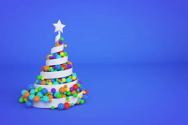 Árbol de Navidad espiral festivo abstracto hecho de cinta blanca con bolas de Navidad arco iris. Ilustración de representación 3d sobre fondo azul . —  Fotos de Stock