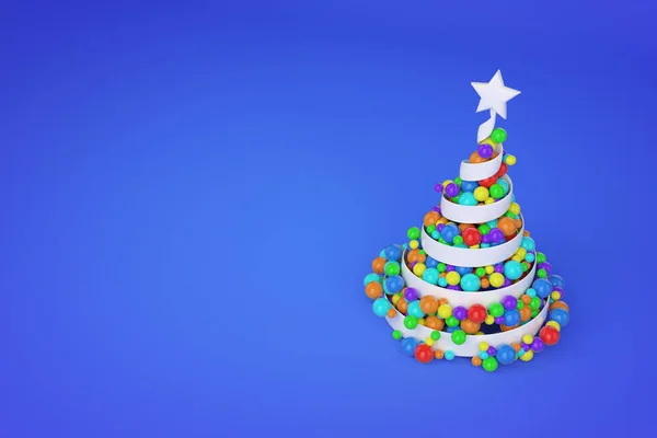 Абстрактная праздничная спиральная елка из белой ленты с радужными шарами Xmas. Трехмерная иллюстрация на синем фоне . — стоковое фото