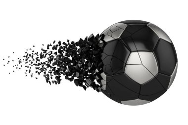 Futbol topu 3d gerçekçi raster illüstrasyon yıkıcı. Futbol topu patlama etkisi ile. İzole tasarım öğesi.