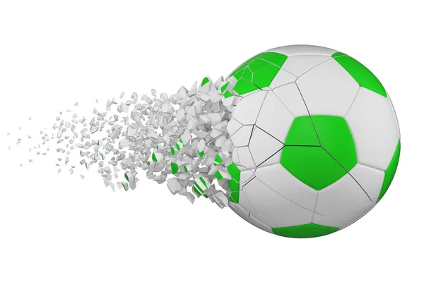 Otřesení fotbal míč 3d realistické rastrového obrázku. Fotbalový míč s efektem exploze. Izolované designový prvek. — Stock fotografie