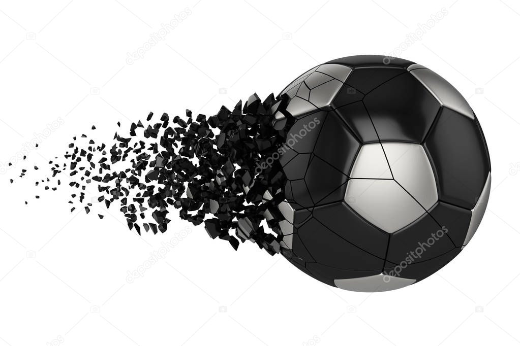 Shattering soccer ball 3D realistic raster illustration. Football ball with explosion effect. Isolated design element.
