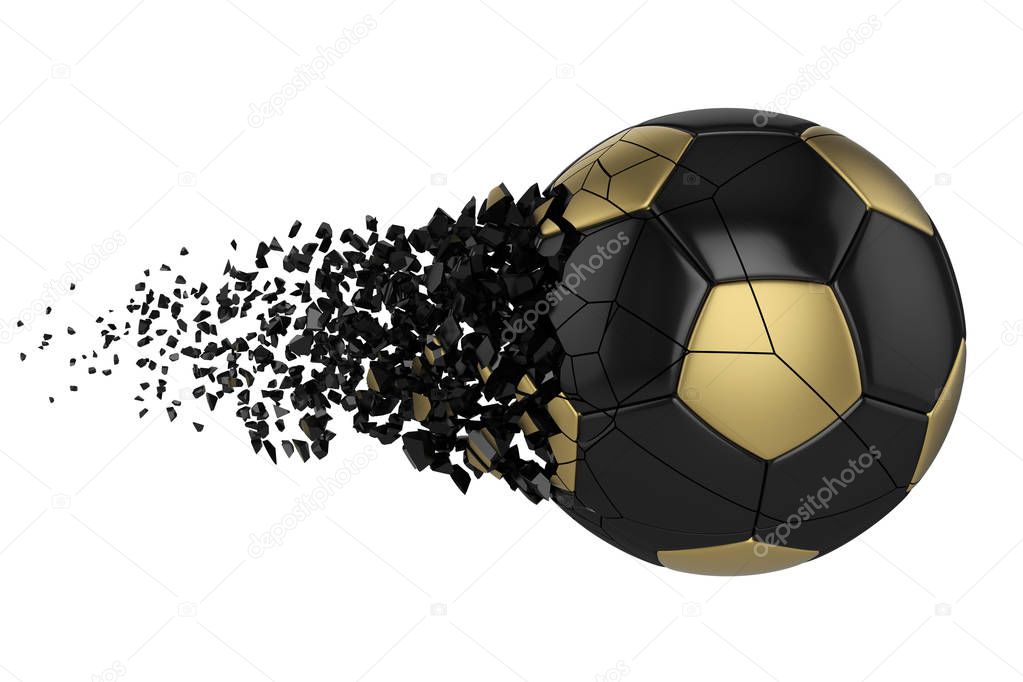 Shattering soccer ball 3D realistic raster illustration. Football ball with explosion effect. Isolated design element. Sports competition, tournament logo. Destroying fragments, pieces