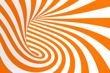 Torus 3D optical illusion raster illustration. Hypnotic white and orange tube image. Contrast twisting loops, stripes ornament. clipart