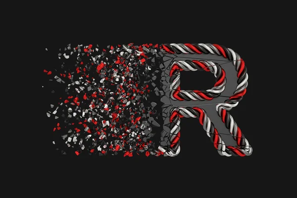 Штриховая буква R 3D растровая иллюстрация. Перекрученная буква с эффектом взрыва на темном фоне. Изолированный элемент дизайна . — стоковое фото