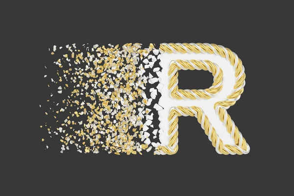 R harfi 3d gerçekçi raster illüstrasyon yıkıcı. Koyu arka plan üzerinde patlama etkisi ile bükülmüş mektup. — Stok fotoğraf