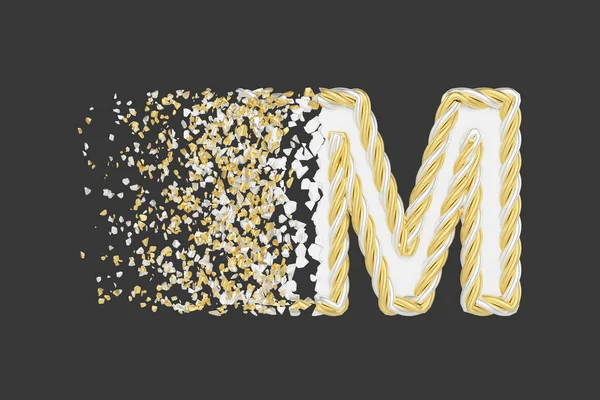 Shattering letter M 3D realistic raster illustration. Twisted letter with explosion effect on dark background. — Stock Photo, Image