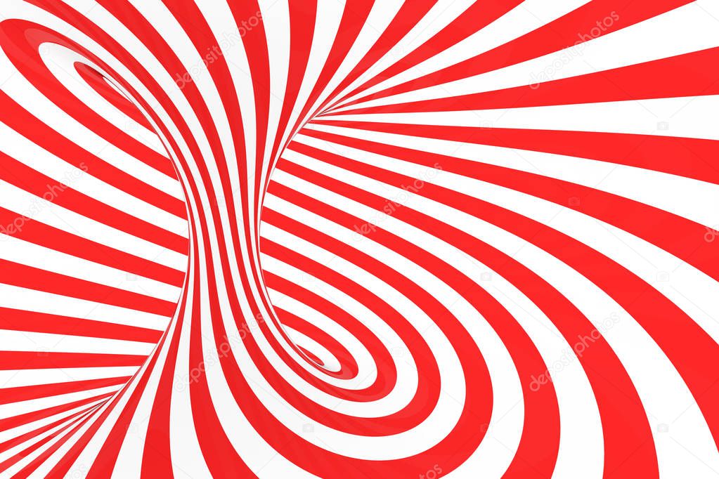 Swirl optical 3D illusion raster illustration. Contrast red and white spiral stripes. Geometric torus image with lines, loops.