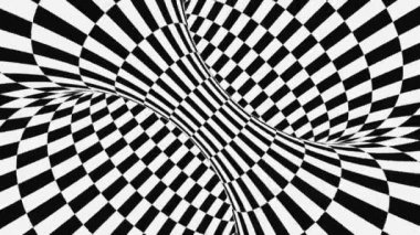 Siyah ve beyaz psychedelic optik yanılsama. Soyut hipnotik animasyonlu arka plan. Damalı geometrik döngü duvar kağıdı