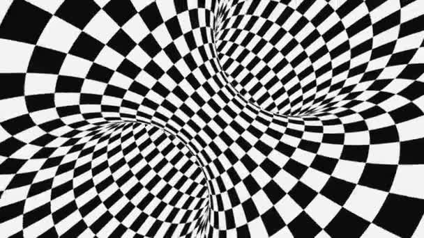 Black and white psychedelic optical illusion. Abstract hypnotic animated background. Checkered geometric looping wallpaper