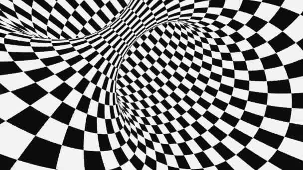 Svart och vit psykedelisk optisk illusion. Abstrakt hypnotisk animerad bakgrund. Rutig geometriska looping tapet — Stockvideo