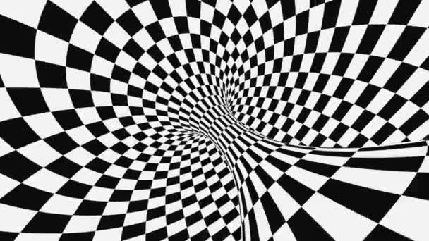 Schwarz-weiße psychedelische optische Täuschung. abstrakte hypnotische animierte Hintergrund. karierte geometrische Looping-Tapete — Stockvideo