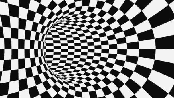 Ilusión óptica psicodélica en blanco y negro. Fondo animado hipnótico abstracto. Fondo de pantalla de bucle geométrico a cuadros — Vídeos de Stock