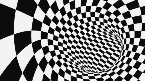 Schwarz-weiße psychedelische optische Täuschung. abstrakte hypnotische animierte Hintergrund. karierte geometrische Looping-Tapete — Stockvideo